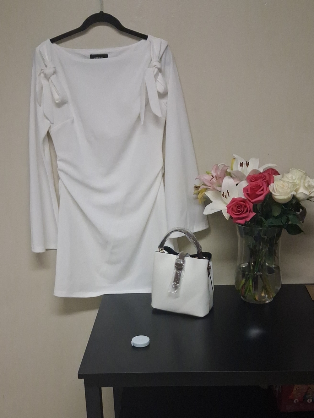 Cider White Tie-Shoulder Long Sleeve Dress - Picture 1 of 8